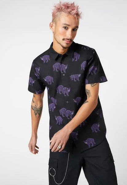Black and purple graphic button up